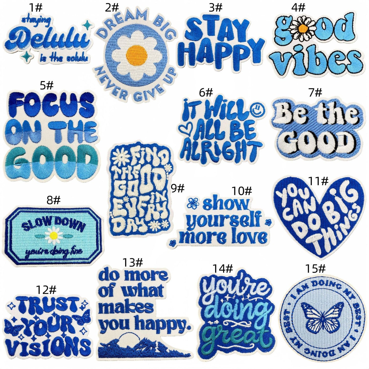 SUPERVALUECHOICE HCSEYSB00030 15Pcs Blue Positive Quote Embroidered Iron On Patches Inspirational Clothing DIY Decor Appliques
