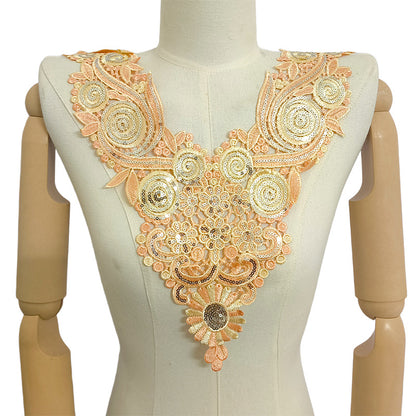 SUPERVALUECHOICE HCSEYB00093 Luxury Sparkly Sequin Floral V-Neck Guipure Lace Applique Rhinestone Accent Neck Trim for Wedding Formal Dress DIY Craft Supply 14.56'' X 17.32''