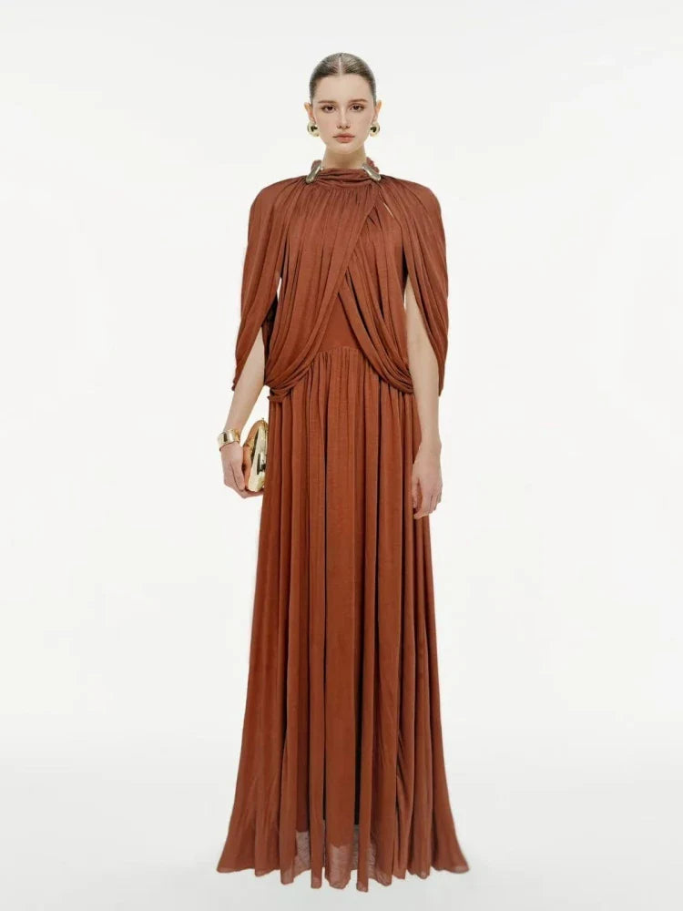 SUPERVALUECHOICE HCSEAA00010 Ruched Cape-Overlay O-Neck Sheath Maxi Dress