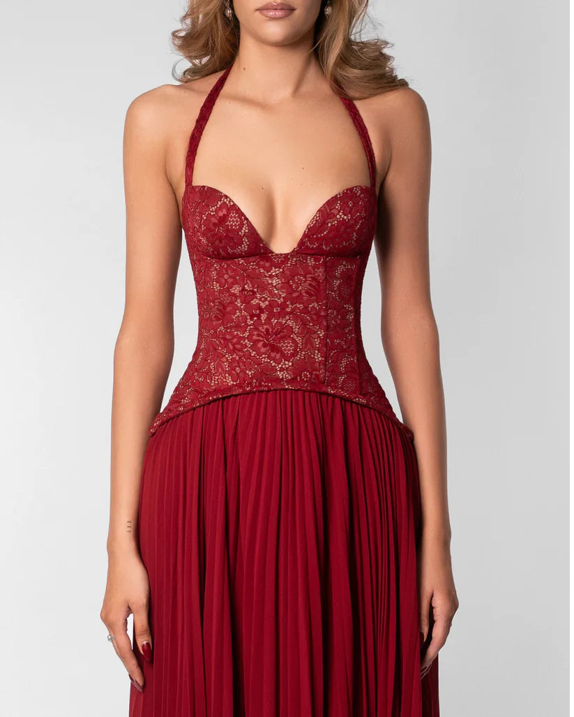 SUPERVALUECHOICE HCSEAA00029 Halter Lace Corset Pleated Maxi Dress