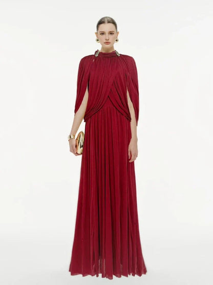 SUPERVALUECHOICE HCSEAA00010 Ruched Cape-Overlay O-Neck Sheath Maxi Dress