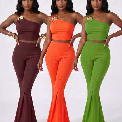 SUPERVALUECHOICE HCSEBB00001 One-Shoulder Crop Top & Flare Pants Two-Piece Set