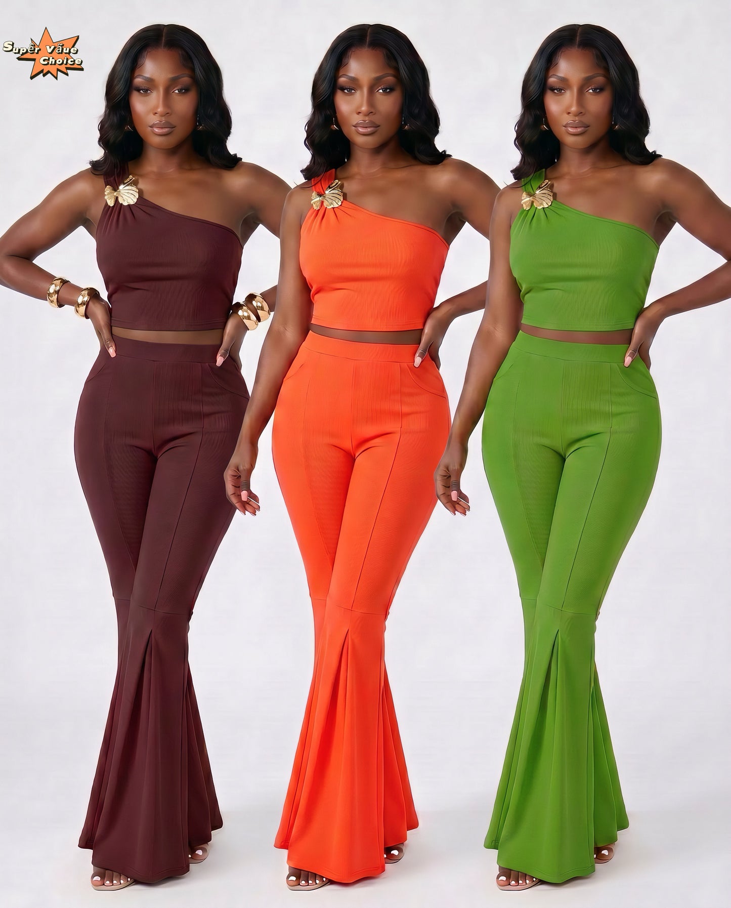 SUPERVALUECHOICE HCSEBB00001 One-Shoulder Crop Top & Flare Pants Two-Piece Set