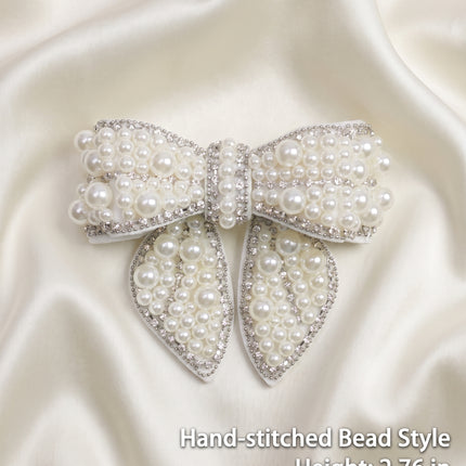 SUPERVALUECHOICE CHRISTMAS HCSEYD00043 Handmade Rhinestone Pearl Bow Applique, Sew On Bow Patch for Christmas Outfit, Formal Dress, Costume & Holiday Garment Embellishment