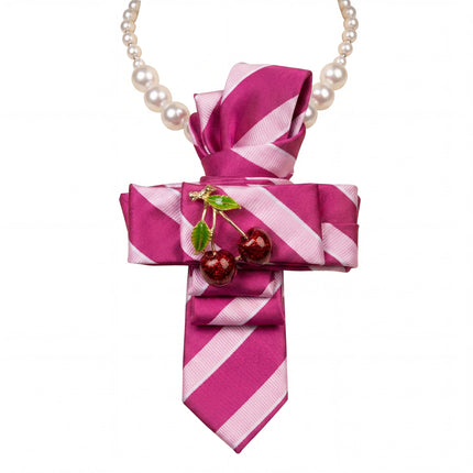SUPÊR VÃLUE CHOICE #HCSEZ0007 Cherry Satin Statement Tie with Butterfly Brooch | Pearl Collar Embellished Tie | Elegant Women's Neck Tie Accessory