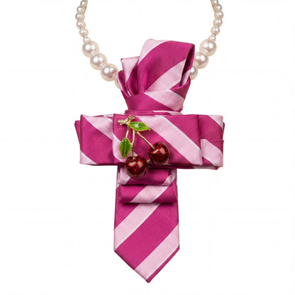 SUPÊR VÃLUE CHOICE #HCSEZ0007 Cherry Satin Statement Tie with Butterfly Brooch | Pearl Collar Embellished Tie | Elegant Women's Neck Tie Accessory