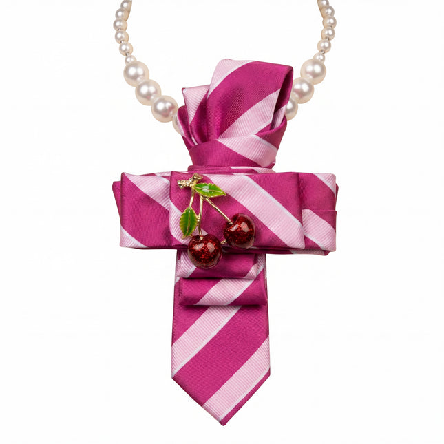SUPÊR VÃLUE CHOICE #HCSEZ0007 Cherry Satin Statement Tie with Butterfly Brooch | Pearl Collar Embellished Tie | Elegant Women's Neck Tie Accessory