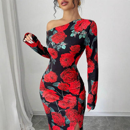 SVCD000035 Elegant rose slit figure-hugging dress, fashionable and sexy printed slimming long dress