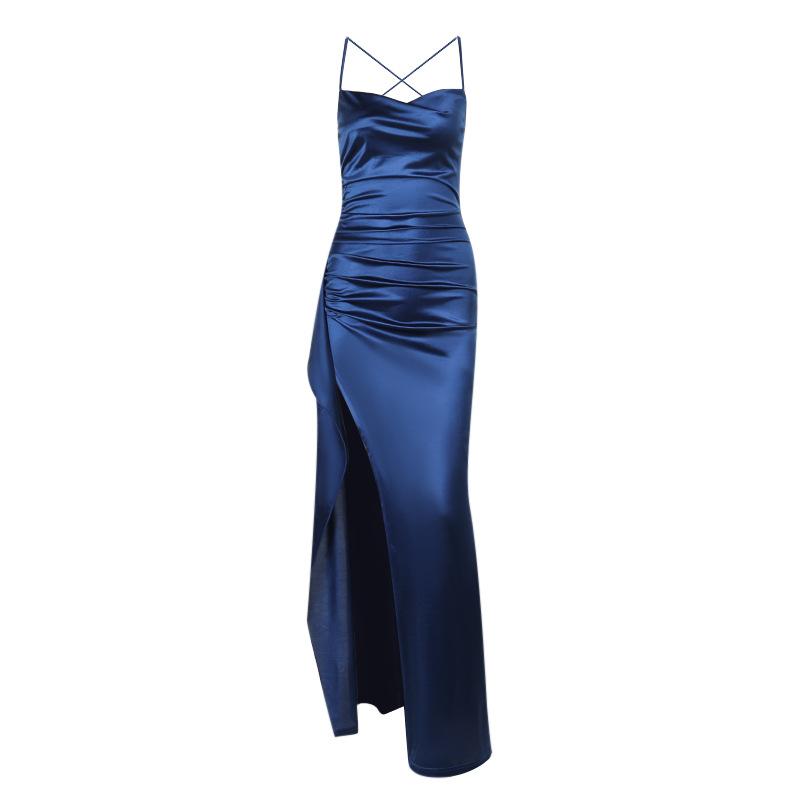 SVCD000053 Sexy, form-fitting, pleated and slit satin dress for a socialite