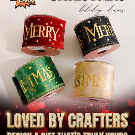 SuperValueChoice HCSEOA00025 Christmas Ribbon Roll, Merry Christmas Velvet Ribbon, Decorative Wired Ribbon for Gift Wrapping, Crafts, DIY Bows, Christmas Tree Decorations (2.48 Inch x 3 Yards)