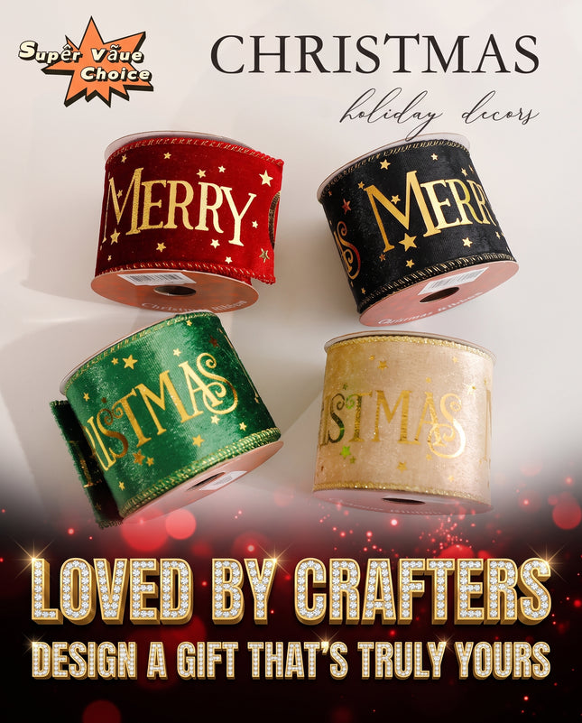 SuperValueChoice HCSEOA00025 Christmas Ribbon Roll, Merry Christmas Velvet Ribbon, Decorative Wired Ribbon for Gift Wrapping, Crafts, DIY Bows, Christmas Tree Decorations (2.48 Inch x 3 Yards)