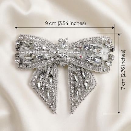 SUPERVALUECHOICE CHRISTMAS HCSEYD00043 Handmade Rhinestone Pearl Bow Applique, Sew On Bow Patch for Christmas Outfit, Formal Dress, Costume & Holiday Garment Embellishment