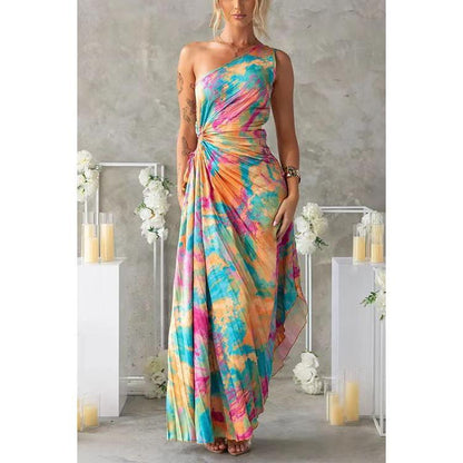 SVCD000064 Single-shoulder sleeveless dress with a sense of design, lace-up and embossed printing