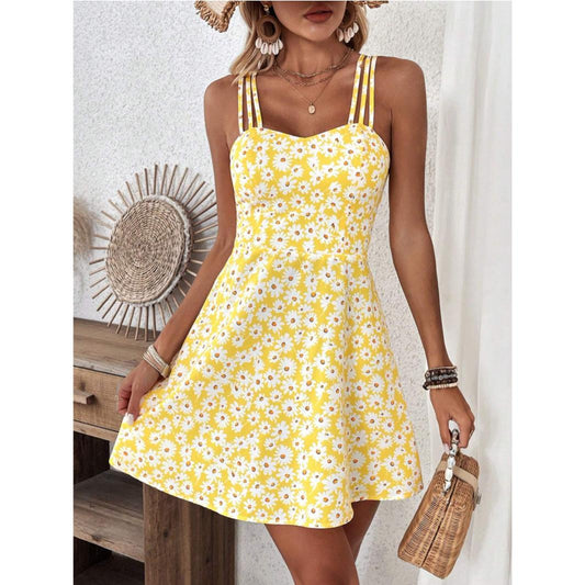 SVCD000021 Women's casual yellow floral printed halter dress