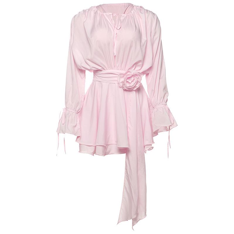 SVCD000038 Women's solid-color sexy round-neck tie with flower decoration, flared sleeve and hip-hugging dress