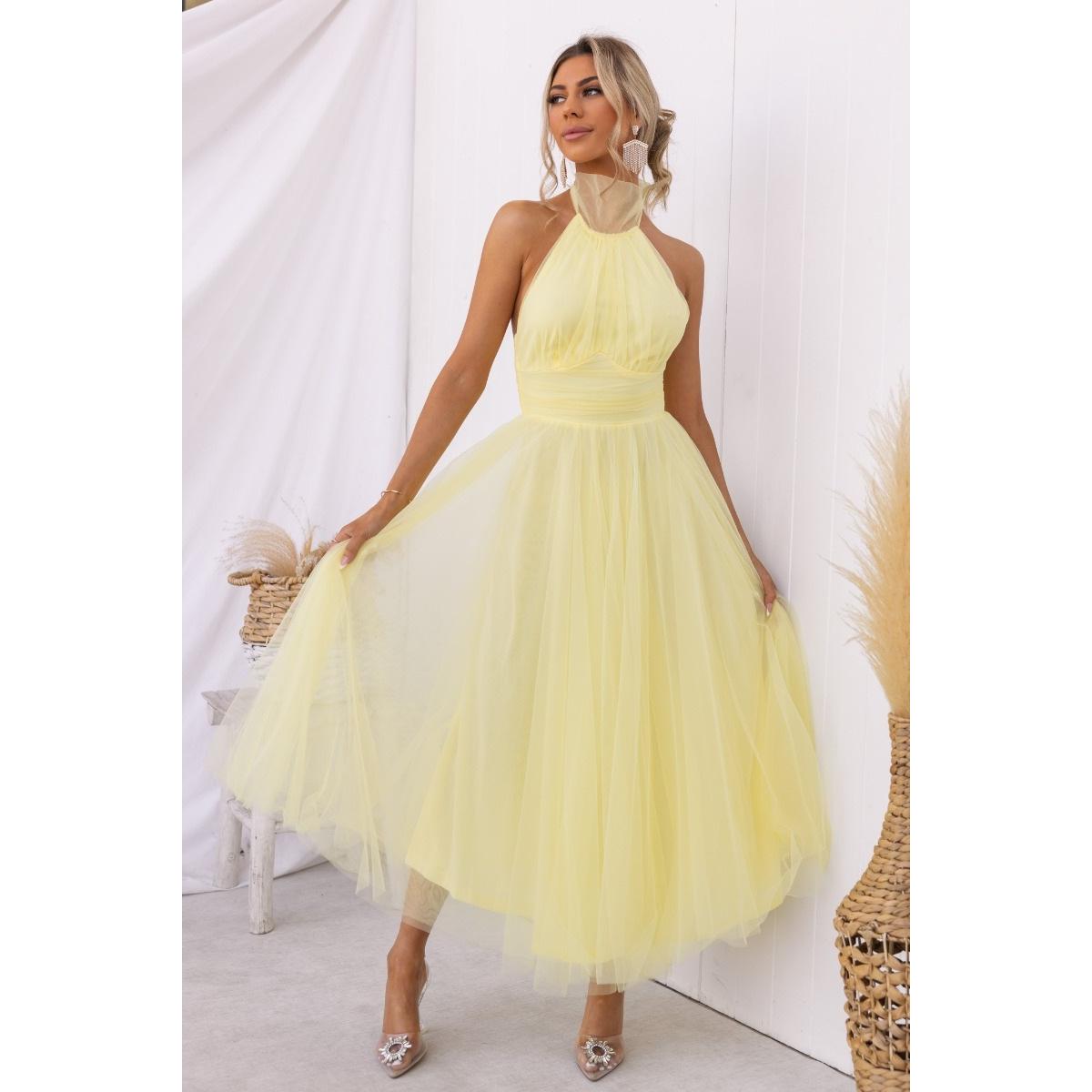 SVCD000027  multi-color casual vacation dress with a high-neck mesh tulle