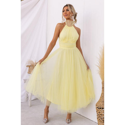 SVCD000027  multi-color casual vacation dress with a high-neck mesh tulle