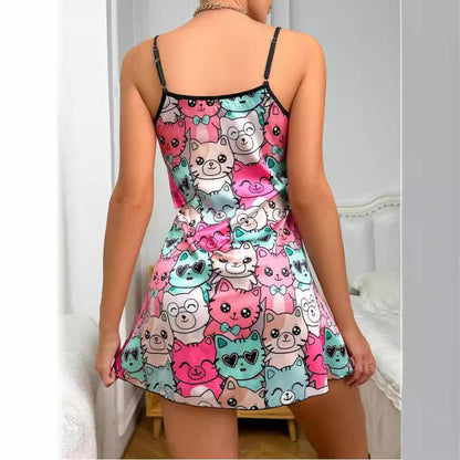 SVCP000092 Backless halter dress, silk-like nightgown, summer printed pajama short skirt, women's home wear