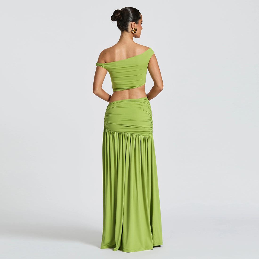 SVCM000047 Women's sexy off-the-shoulder crop top T-shirt, vest, slimming side slit skirt set