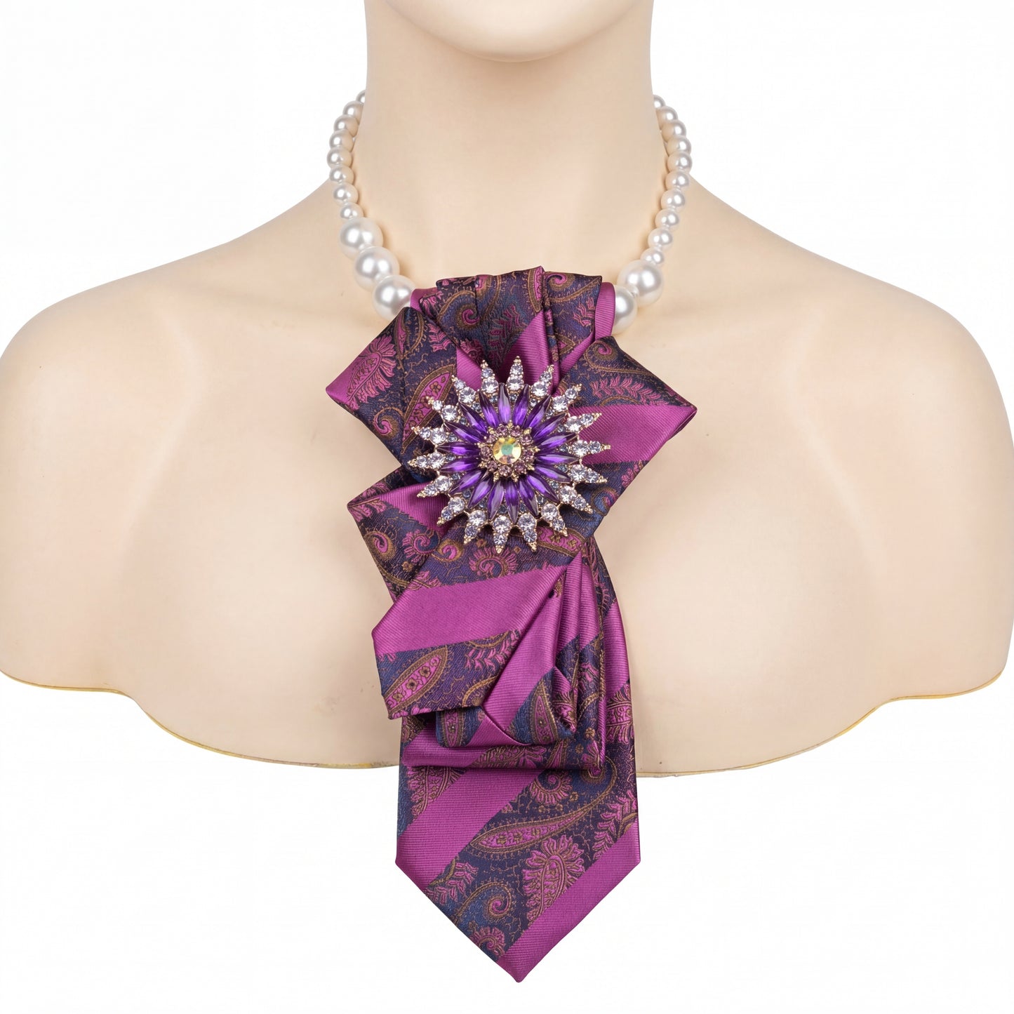 SUPÊR VÃLUE CHOICE #HCSEZ0001 Purple Satin Statement Tie with Butterfly Brooch | Pearl Collar Embellished Tie | Elegant Women's Neck Tie Accessory