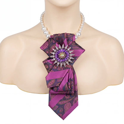 SUPÊR VÃLUE CHOICE #HCSEZ0001 Purple Satin Statement Tie with Butterfly Brooch | Pearl Collar Embellished Tie | Elegant Women's Neck Tie Accessory