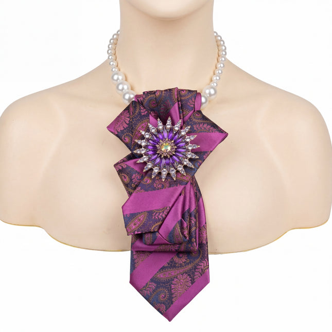 SUPÊR VÃLUE CHOICE #HCSEZ0001 Purple Satin Statement Tie with Butterfly Brooch | Pearl Collar Embellished Tie | Elegant Women's Neck Tie Accessory