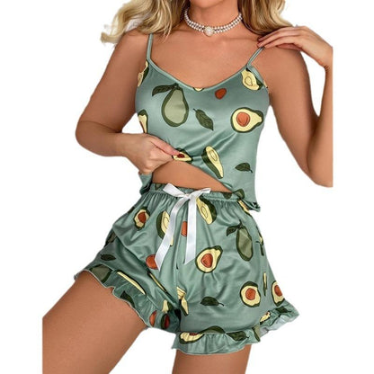 SVCP000113 Women's plus-size pajamas, avocado printed casual halter nightgown, thin home wear set