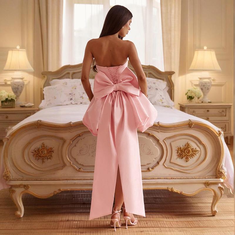 SVCD000051 Bow strapless lantern dress for dinner, sexy strappy slit dress