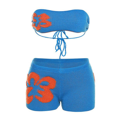 SVCM000045 Women's fashion strappy waistcoat, fitted low-waisted shorts, knitted set