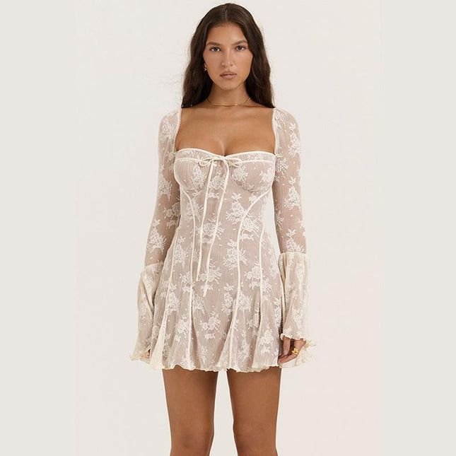 SVCD000114 women's elegant, fashionable, fitted, lace, flared, long-sleeved, lace-up, A-line dress
