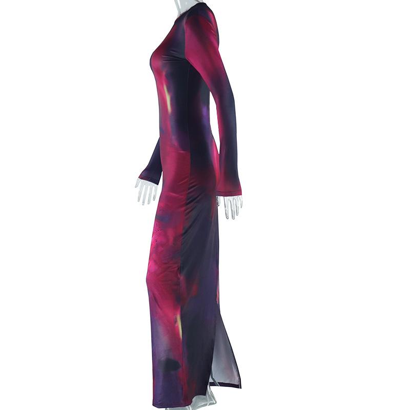 SVCD000009 Women's elegant printed long-sleeved, slim-fitting and sexy one-step dress with a slit and round neck