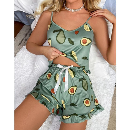 SVCP000113 Women's plus-size pajamas, avocado printed casual halter nightgown, thin home wear set