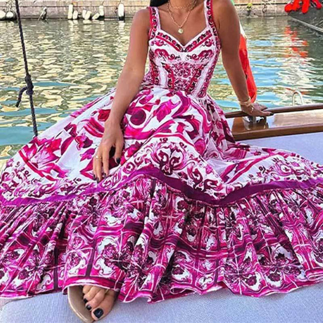 SVCD000007 Printed square collar halter dress with pleated, slimming and large swing in European and American style