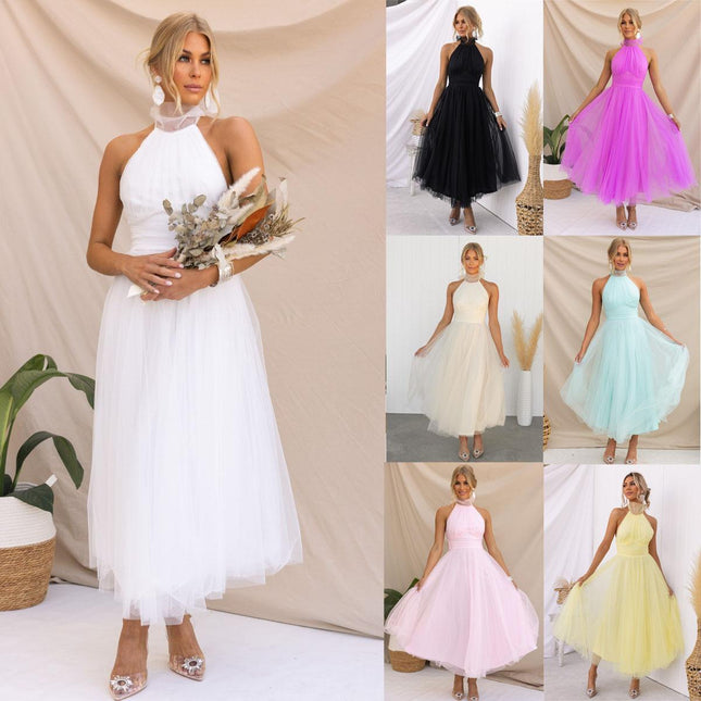 SVCD000027  multi-color casual vacation dress with a high-neck mesh tulle