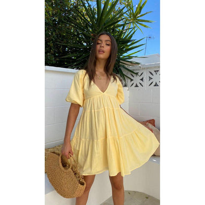 SVCD000018 Spring and summer solid-color casual V-neck, loose waist, puffed sleeves and large hem dress is short