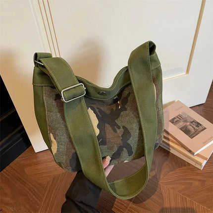 SuperValueChoice HCSEFA00066 Fashion Camouflage Hobo Youth Shoulder Bag for Women Retro Army Green Canvas Crossbody Bags Casual Streetwear Underarm Handbag
