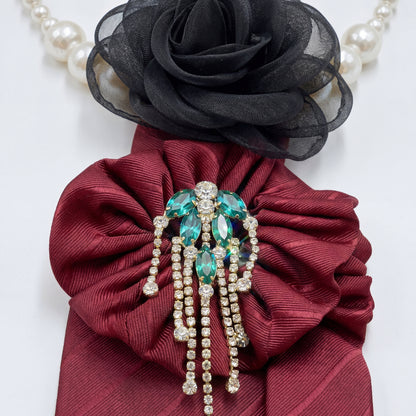 SUPÊR VÃLUE CHOICE #HCSEZ0006 Red Satin Statement Tie with Butterfly Brooch | Pearl Collar Embellished Tie | Elegant Women's Neck Tie Accessory