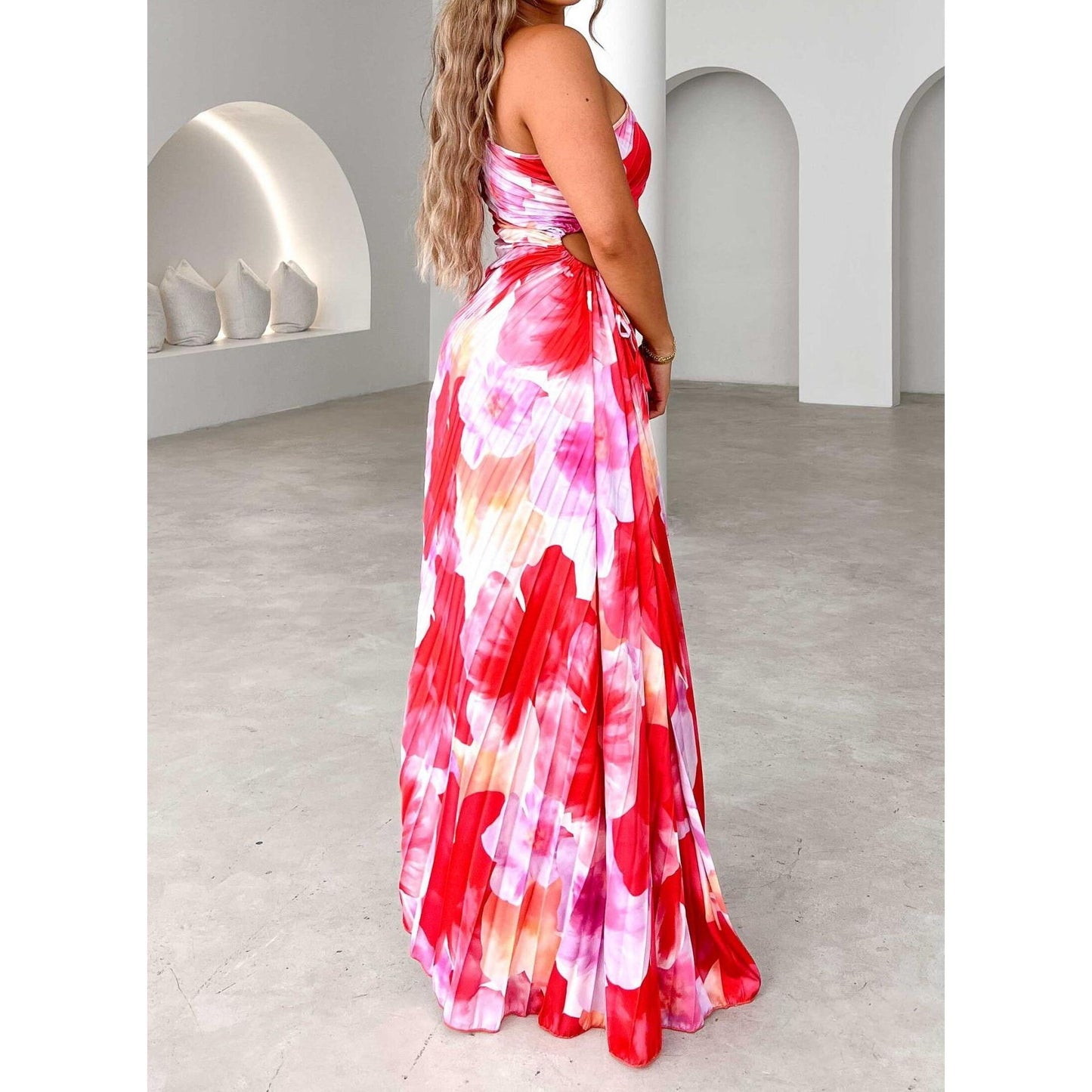 SVCD000064 Single-shoulder sleeveless dress with a sense of design, lace-up and embossed printing