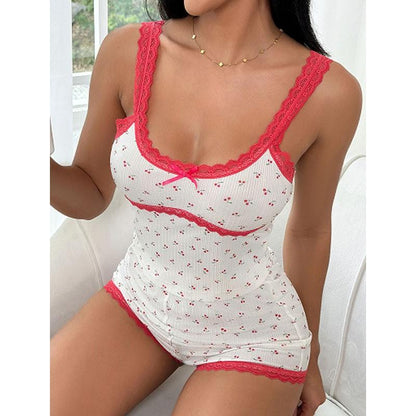 SVCP000078 Two-piece set of sweet V-neck printed home wear with backless halter tops for women in summer