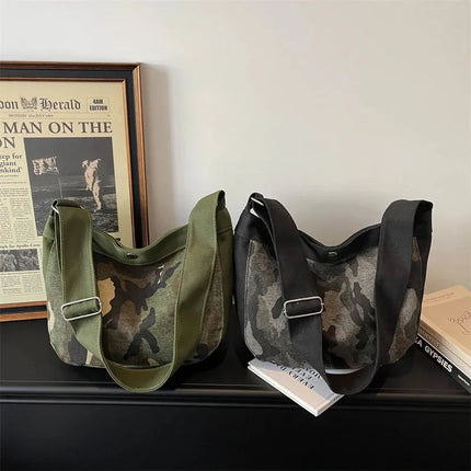 SuperValueChoice HCSEFA00066 Fashion Camouflage Hobo Youth Shoulder Bag for Women Retro Army Green Canvas Crossbody Bags Casual Streetwear Underarm Handbag