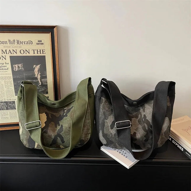 SuperValueChoice HCSEFA00066 Fashion Camouflage Hobo Youth Shoulder Bag for Women Retro Army Green Canvas Crossbody Bags Casual Streetwear Underarm Handbag