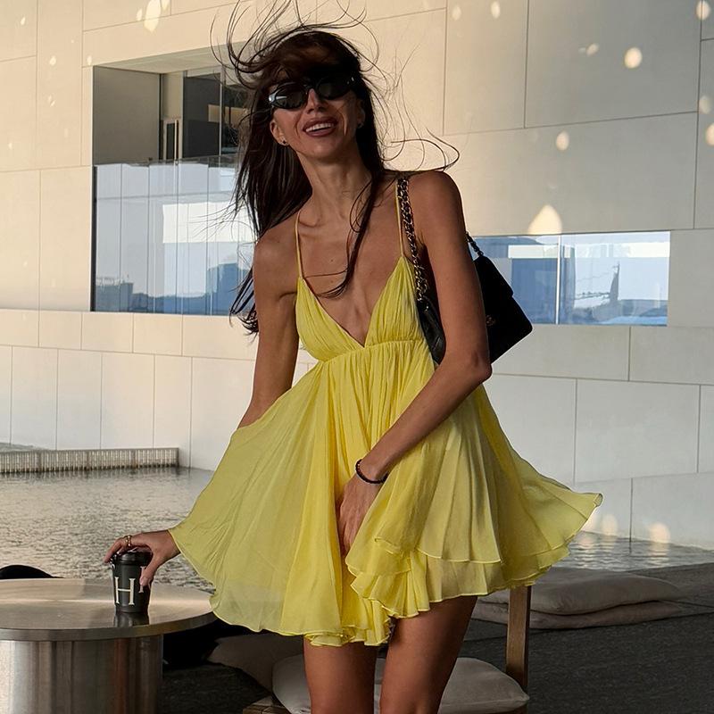 SVCD000013 Solid-color, fitted high-waisted, fashionable V-neck halter backless dress for women