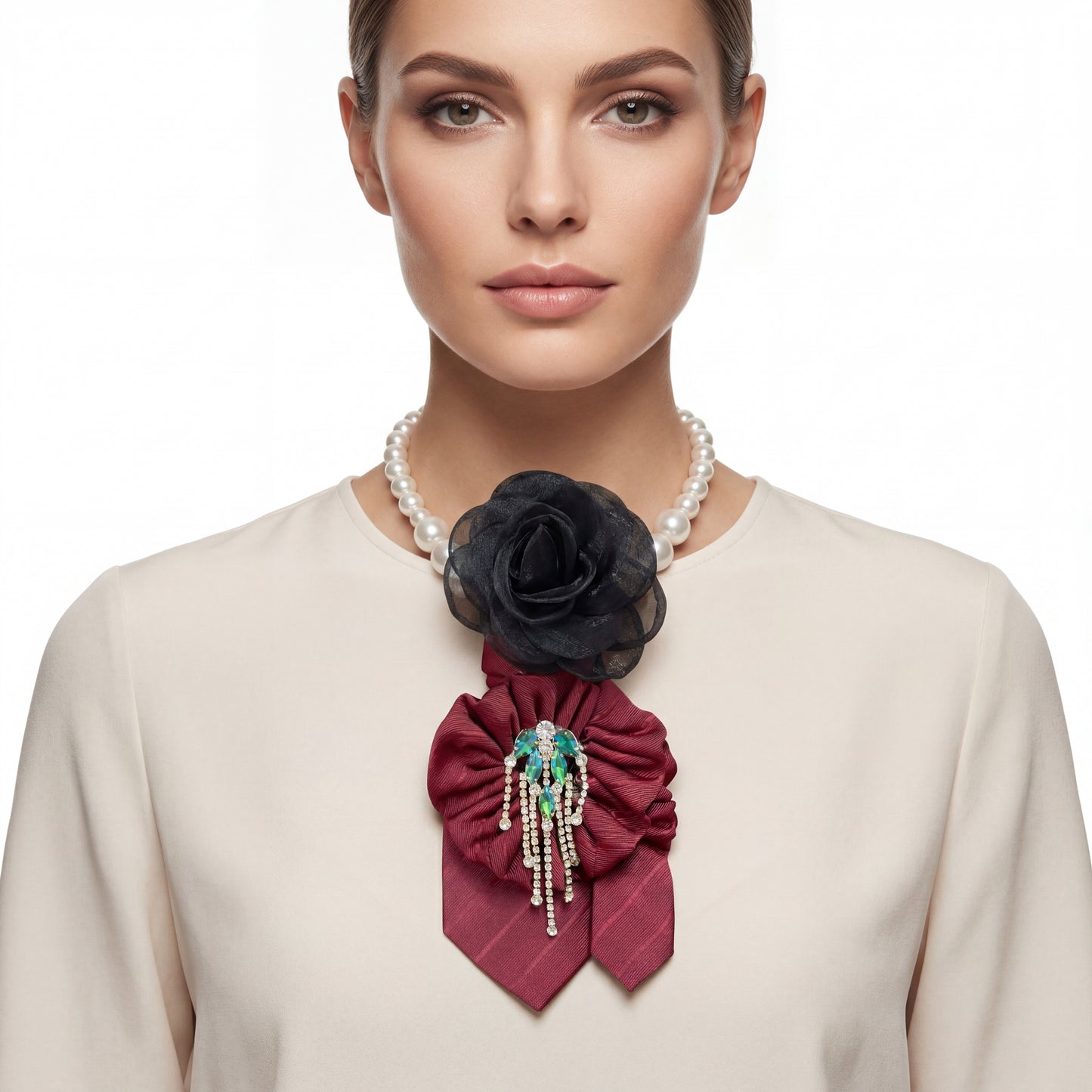 SUPÊR VÃLUE CHOICE #HCSEZ0006 Red Satin Statement Tie with Butterfly Brooch | Pearl Collar Embellished Tie | Elegant Women's Neck Tie Accessory