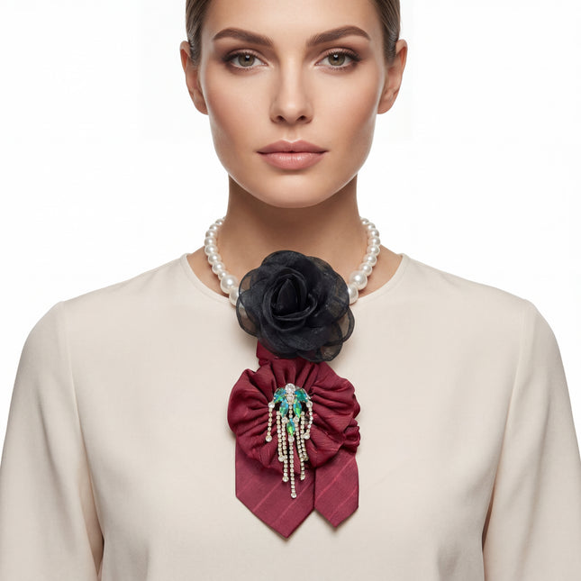 SUPÊR VÃLUE CHOICE #HCSEZ0006 Red Satin Statement Tie with Butterfly Brooch | Pearl Collar Embellished Tie | Elegant Women's Neck Tie Accessory