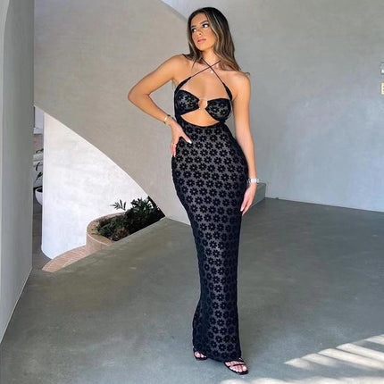 SVCD000041 Fashionable, halter-neck, sexy, cut-out, see-through, figure-hugging dress for women