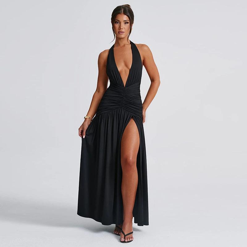 SVCD000032 Sexy V-neck halter dress with a slit pleated backless