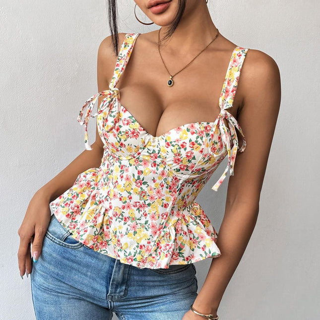 SVCST000017 Adjustable floral lace-up, fishbone corset, cinched waist, ruffled strappy vest