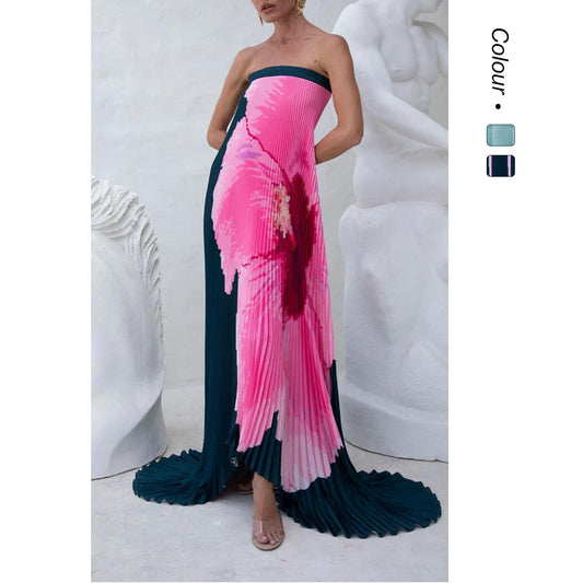 SVCD000009 Summer women's dress with pleated positioning print and a strapless big swing