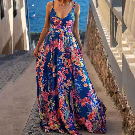 SVCD000034 Women's dress with printed floral corsets, low-cut waists, big swing halter tops