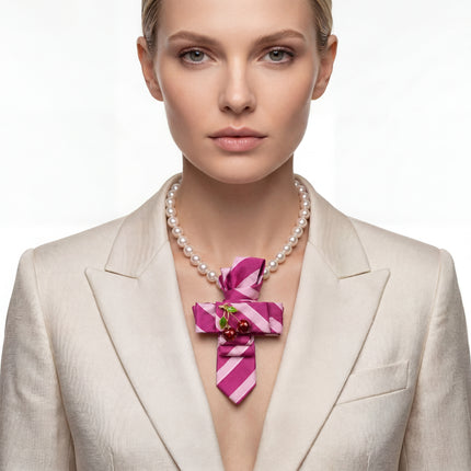 SUPÊR VÃLUE CHOICE #HCSEZ0007 Cherry Satin Statement Tie with Butterfly Brooch | Pearl Collar Embellished Tie | Elegant Women's Neck Tie Accessory